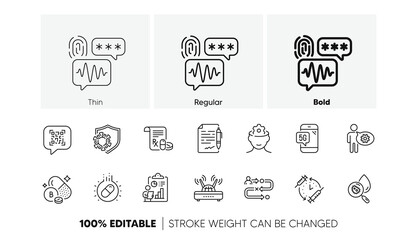 Coronavirus, Biometric security and Cogwheel line icons. Pack of Water analysis, 5g phone, Wifi icon. Qr code, Medical prescription, Boron mineral pictogram. Capsule pill, Brain working. Vector