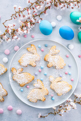 Homemade almond bunny cookies for Easter with Easter eggs