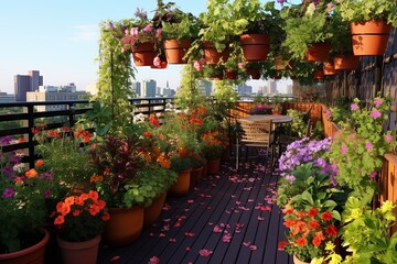 Fototapeta na wymiar Vibrant Urban Rooftop Garden: Potted Plants & Colorful Flowers Design