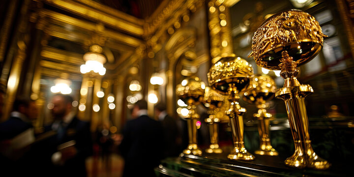 Numerous brushes and makeup applicators, built against the background of mirrors with a golden fr