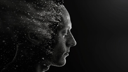 Human face crumbles into particles and neurons isolated on a neutral solid black background. High quality illustration
