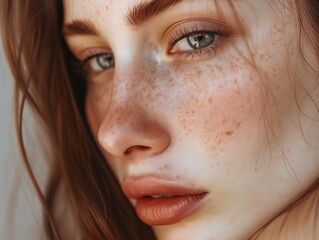 Fototapeta premium a close up of a woman with freckles on her face