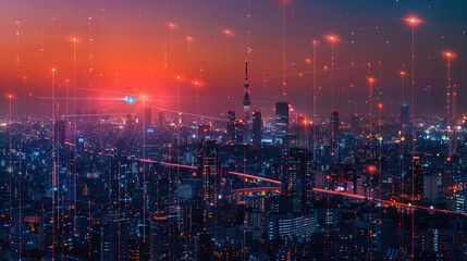 Smart city and abstract dot point wireless modern technology connect with gradient line, big data connection technology concept - obrazy, fototapety, plakaty