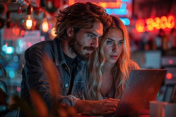 Fototapeta premium Glückliches Paar beim Online-Shopping und Reisebuchung am Notebook