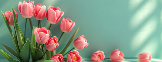 pink tulips on a green background