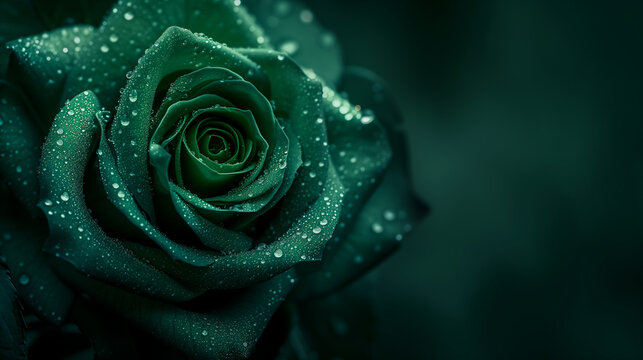 Dark green rose with drops of dew on its petals against a dark green background, copy space on the right