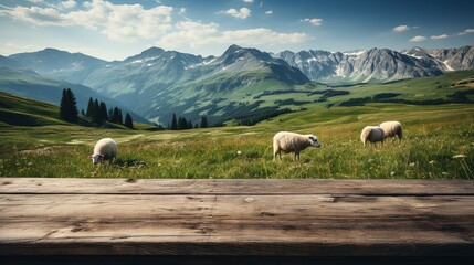 Empty rustic old wooden boards table copy space with sheep grazing on alpine meadow in background.