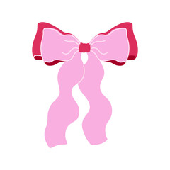 Pink wavy ribbon for hair. Flat vector illustration. Trendy bow for presents wrapping. Gift birthday sale decor. Cute vintage hairstyle element