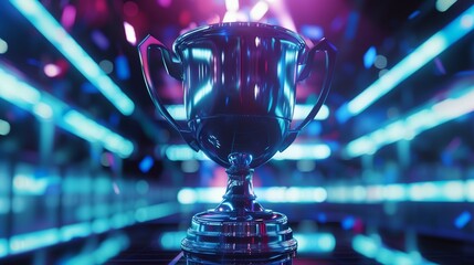 a shiny trophy with a red and blue background