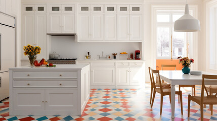 A bright kitchen with white cabinets, a colorful geometric patterned floor, and a minimalist pendant light.