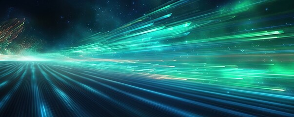 Fototapeta na wymiar abstract futuristic background with green blue glowing neon moving high speed wave lines and bokeh lights. Data transfer concept Fantastic wallpaper