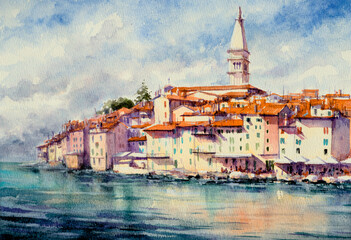 Sunny day in Rovinj in Croatia. Old town on seaside with tower over roofs, blue sky , white clouds and turquoise water. Picture created with watercolors. - 751815864