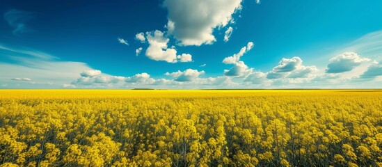 Breathtaking landscape of vibrant yellow flowers blooming under clear blue sky