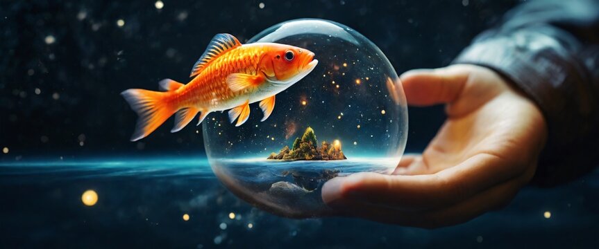 Expert hand of glod fish, Business or ecology concept, In the background is the Milky Way galaxy. Stylish in the style of double exposure