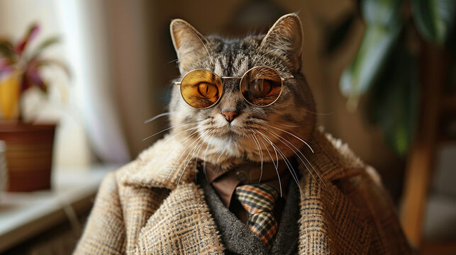 boss cat wearing business coat, tie, shirt and glasses , blur background , can be used for cards, business, banners, posters	
