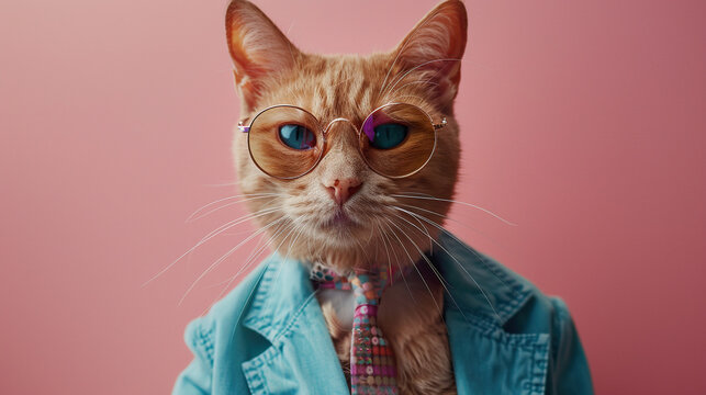 boss cat wearing business coat, tie, shirt and glasses , pink background , can be used for cards, business, banners, posters	
