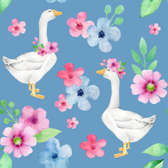 Watercolor seamless patern with goose and flowers.Summer print.Farming.Floral ornament.Bird and floral elements.Fabric design