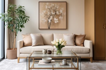 Vintage Glass Panel Inspirations: Modern Living Room with Clear Glass and Wooden Frame by Beige Sofa