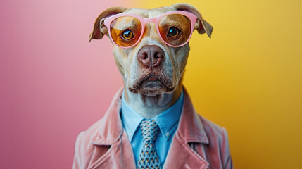 boss dog wearing pink coat, tie, shirt and glasses pastel background , can be used for cards, business, banners, posters 