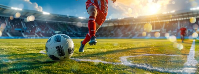 football or soccer player running fast and kicking a ball while training and playing a match at dramatic stadium shot. dynamic active pose of skill development success in sports wide banner - obrazy, fototapety, plakaty