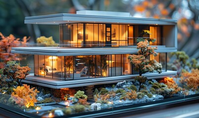 A contemporary house model featuring a facade with numerous windows is displayed on a table, showcasing modern architecture and design - obrazy, fototapety, plakaty