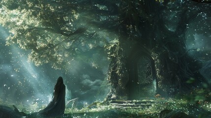 a fantasy forest with a giant tree - obrazy, fototapety, plakaty