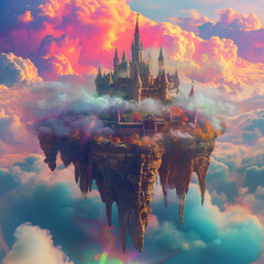 Celestial Castle in the Sky, An enchanted castle atop a floating island surrounded by colorful clouds  - obrazy, fototapety, plakaty