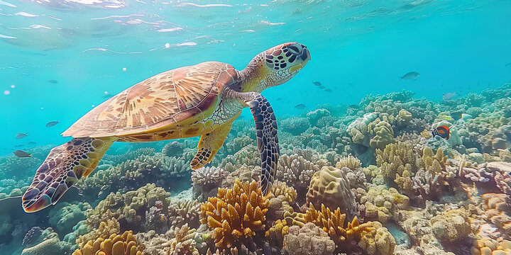 Sea turtles floating past the coral reef, adding beauty and life to this underwater wor