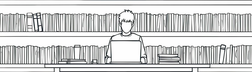 Line art of a person working on a laptop in a library with bookshelves in the background