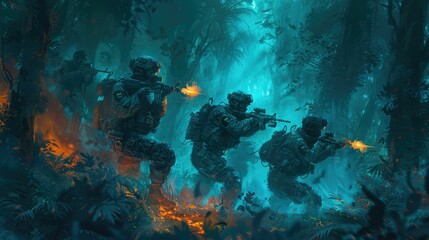 A squad of special forces operatives in a dense jungle environment, with sparks and smoke from gunfire - obrazy, fototapety, plakaty