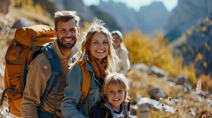Cheerful family with backpacks enjoying a sunny hiking adventure