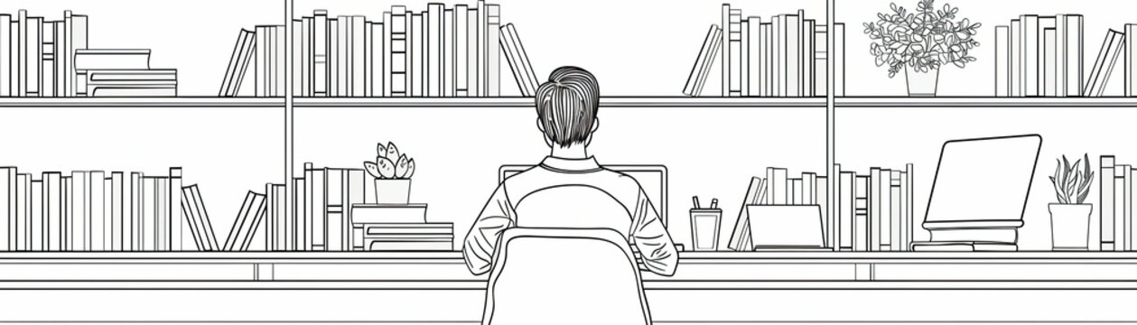 Line art of a woman working on a laptop in a library, viewed from behind with bookshelves surrounding