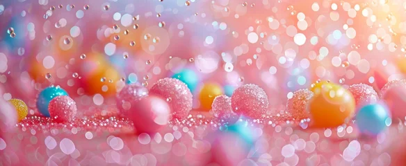 Schilderijen op glas Dreamy candy landscape with sparkling sugar-covered treats amidst a soft focus bokeh light. © BackgroundWorld