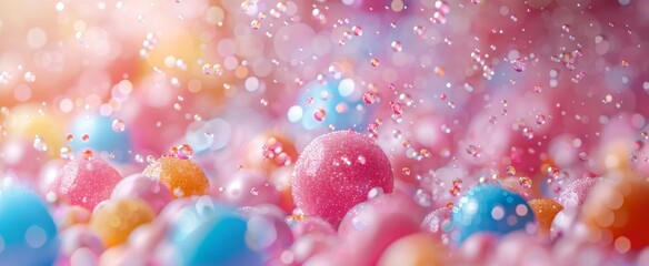 Dreamy candy landscape with sparkling sugar-covered treats amidst a soft focus bokeh light.