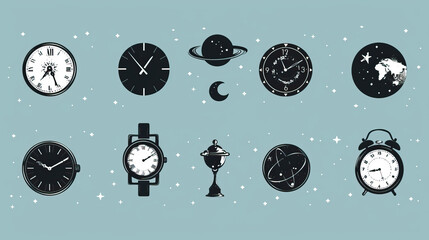 clock and time icons or logos , light blue background showing universe is a vast clockwork mechanism, with time as its intricate gears	
