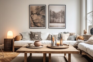 Fototapeta na wymiar Voice-Activated Scandinavian Boho Home: Wall Art and Wooden Coffee Tables Light up the Space