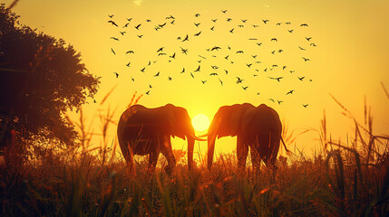 Surrealistic landscape with melting hours and flying elephant