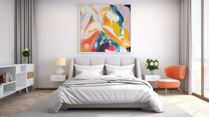 A contemporary bedroom with a blank white empty frame, adorned with a vibrant, digitally created abstract artwork that sparks imagination.