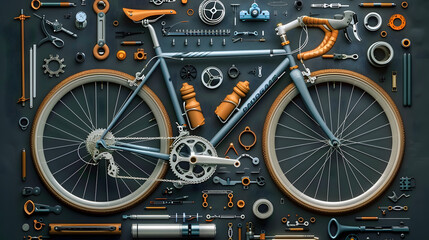 Top view of bicycle and parts of it. Bicycle and parts to it, layout. Beautiful illustration picture. Generative AI