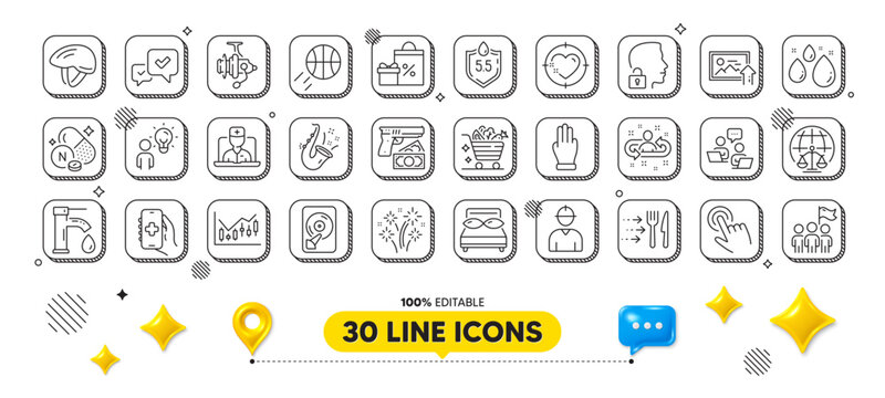 Ph neutral, Jazz and Leadership line icons pack. 3d design elements. Food delivery, Financial diagram, Fireworks web icon. Approve, Bicycle helmet, Three fingers pictogram. Vector