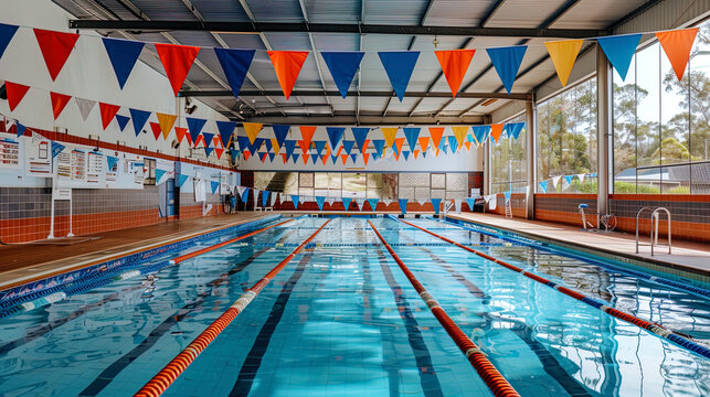 Swimming pools with clean water and separated paths, where swimmers compete in speed and endu