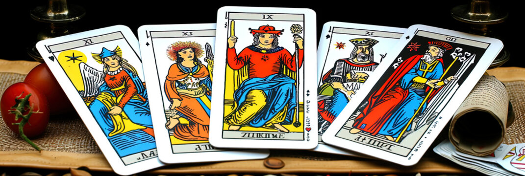 Tarot cards laid out on a table with an antique coating surrounded by candelabra and scrol