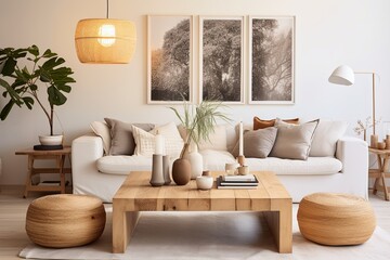 Obraz premium Scandinavian Boho Home: Voice-Activated Lighting, Wall Art, Wooden Coffee Tables