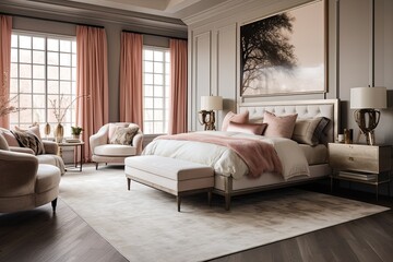 Naklejka na ściany i meble Luxurious Rugs and Elegant Furniture Set a Warm, Neutral Tone in Glam Bedroom