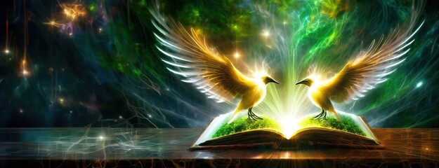 Mythical birds of light emerge from an open tome, amidst a cosmic glow. From the pages of...