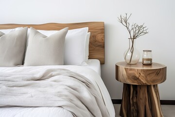 Minimalist Bedroom with Warm and Neutral Color Schemes, Wood Stump Side Table, and Fabric Bedding