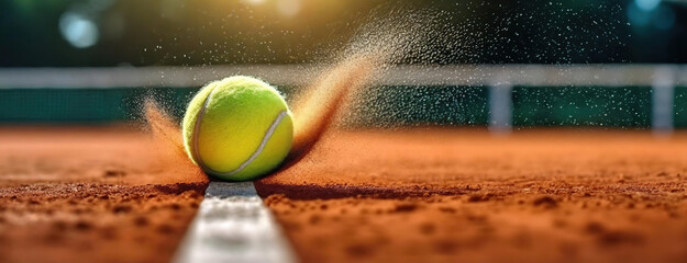 A tennis ball kicks up clay on a court, capturing the action of a powerful serve. Dust clouds mark the impact, illustrating the game's dynamic nature. Panorama with copy space.