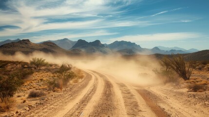 Fototapeta na wymiar Dusty trail through desert landscape background