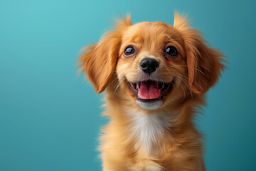 A joyful small dog with fluffy ears smiles widely, against a bright teal background.