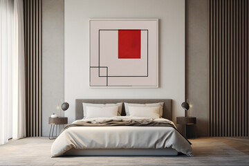 A contemporary bedroom with an empty frame, adding a touch of color against a wall adorned with minimalist, geometric designs.